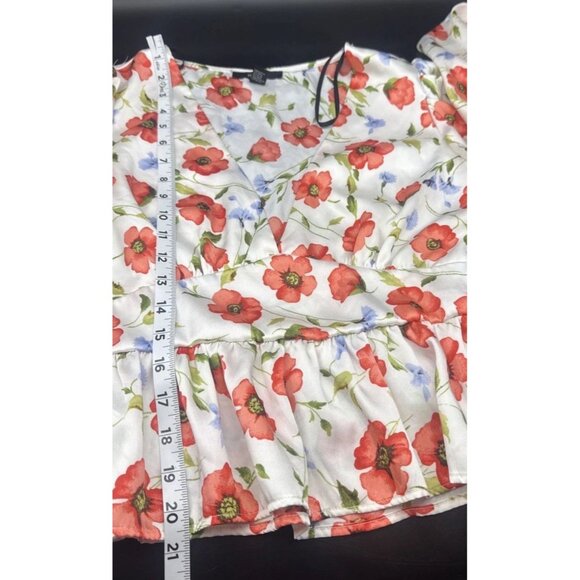 Forever 21 Womens Floral Satin Puff Sleeve Peplum Top Sz L Fairy Feminine - Picture 11 of 12